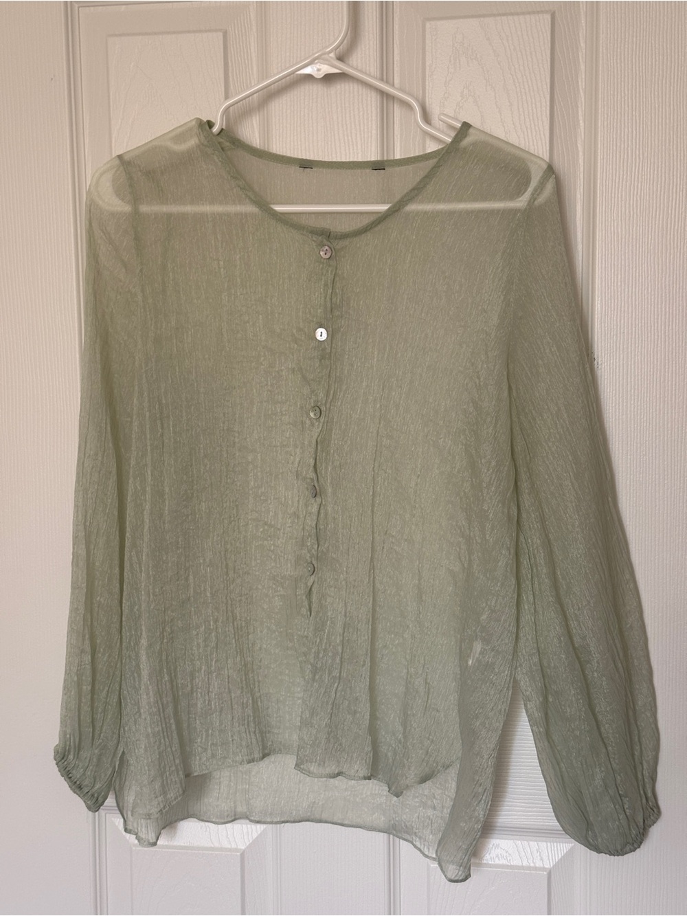 Light Sage Button-Front Sheer Women's Top